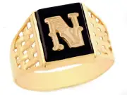 10k or 14k Yellow Gold Bold Black Onyx Mens Basket Weave Initial Letter N Ring