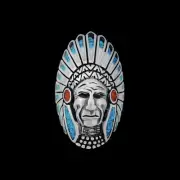 925 Sterling Silver Native American Chief Headdress Ring, Turquoise & Mother...