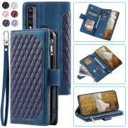 Luxury Rhombic Wallet Case,Leather Zipper Flip Card Case For Alcatel TCL 20 A 5G