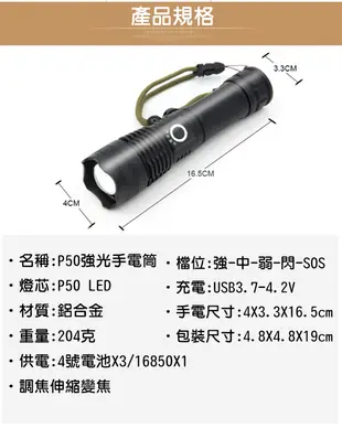興雲網購【強光P50大功率手電筒+18650電池(藍)27107B-137】5000流明 變焦手電筒 (4.3折)