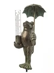 Evergreen Metal Frog Statue with Umbrella Glass Rain Gauge | Green | Garden
