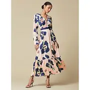 Satin Wedding Guest Floral V Neck Zip Tie Maxi Dress