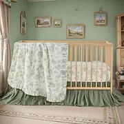 Brandream 3 Pieces French Country Toile Crib Bedding Set for Girls Vintage Green Toile Floral Print 100% Cotton Baby Girl Nursery Bedding Collection - Ruffles Quilt,Toile Crib Sheet,Crib Bed Skirt