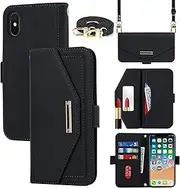 Cavor Crossbody Wallet Case for iPhone X/XS Case (5.8") Flip Cover Magnetic Leather Women Handbag Card Slots Holder Zipper Kickstand Purse with Detachable Shoulder Necklace Lanyard Strap-Black