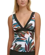 DKNY SOFT WHITE MULTI Leaf-Printed Tankini Swim Top, US X-Small