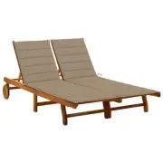 2-Person Wooden Sunbed Adjustable Double Sun Lounger With Cushions And Wheels