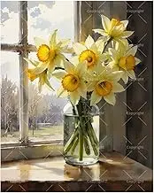 Daffodils in Glass Jar Paint by Numbers Kit for Adults - DIY Yellow Spring Flowers by Window Painting on Canvas 16x20 Inches, Acrylic Paint Set,Suitable for Beginners,Art for Home Decoration