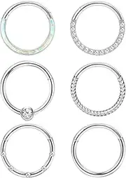[Kakonia] 6PCS Surgical Steel Hinged Hoop Nose Ring for Women 16G 18G Nose Rings Seamless Clicker Hinged Segment Hoop Lip Nose Rings Conch Lip Helix Cartilage Earrings Lip Nose Daith Piercing Kit
