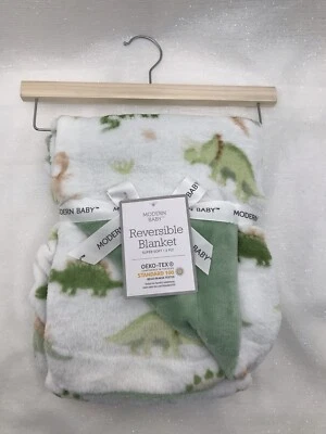 Modern Baby Blanket Dinosaur Theme Reversible to Solid Green Boys Security Lovey