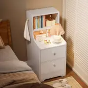 Bedside Table Bedroom Warm White with Dual Shelves and Two Drawers, Modern Design