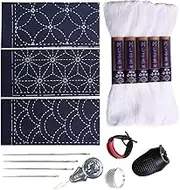 Sashiko kit, Yokota Sashiko Thread, Needles and Template Yume Fukin with Original English Manual, Thimble Sewing Set, Fabric, Japanese Textile (White Thread/Navy Dishcloth)