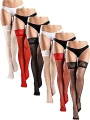 Xuhal 6 Pairs Women Thigh High Stocking Anti Slip Elastic Lace Top Silky Sheer Fishnet Knee Thigh High Socks for Women