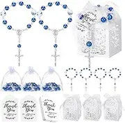 100 Pcs Baptism Favors Set Includes Mini Rosary, Baptism Favor Boxes, White Organza Bags and Kraft Thank You Tags 25 Sets Each for Christening Communion Baby Shower Party Decorations(Blue)