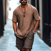 Men's T Shirt Tee Short Sleeve Shirt Tee Top Short Sleeve V Neck Spring Summer Plain Fashion Designer Basic Classic Vacation Street Going out Khaki Top Tee fo