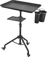 Salon Tray Cart on Wheels, Aluminum Tattoo Tray with Storage Platform, Adjustable Height Service Rolling Tray, Storage Tray Accessory for Salon Spa Dental Use, Rolling Tray Cart