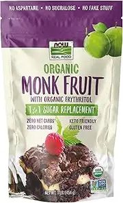 NOW Foods, Organic Monk Fruit with Erythritol Powder, 1 to 1 Sugar Replacement, 1-Pound