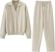 [Generic] Women's Sweater Tracksuits Spring Winter Warm Knit Pullover Tops Loose Elastic Waist With Drawstring Pants Set