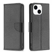 For iPhone 15 Case, Lychee PU Leather Wallet Cover, Black