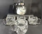 Vintage Nestle World Globe Frosted Glass Mugs Carafe Pitcher Coffee Tea Set MCM