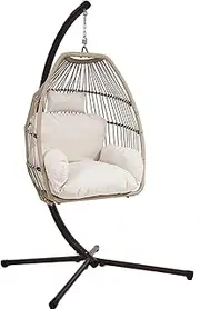 Gardeon Outdoor Egg Swing Chair Rattan Latte Garden Bench Hanging Seat, Patio Baconly Furniture Chairs, with Cushions Stand Wicker Basket Foldable Water Resistant 150kg Capacity