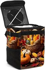 Car Trash Can with Lid,Bag Hanging Storage Pockets Leak-Proof,Portable Garbage Bin,Autumn Pumpkin Fall Leaves