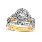 1.0 CT. T.W. Oval Natural Diamond Double Frame Twist Shank Bridal Engagement Ring Set in Solid 14K Gold