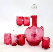 Hand blown cranberry glass pitcher and cups