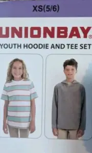 Unionbay Youth Hoodie and Tee set 2Pc Unisex - Gray, Blue Sz: XS (5-6)
