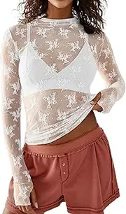 [ccuiwe] Women's Floral Lace Sheer Mesh Tops Long Sleeve See Through Crop Top Sexy Going Out Clubwear