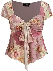 CIDER Floral Tops for Women V Neck Short Sleeve Tie Front Summer Tops