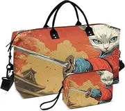 [ZRYSMY] Samurai Cat Sword Duffel Bag for Traveling, Travel Bag Gym Bag, with Multiple Interior Pockets Shoulder Weekender Bag for Women Men with Toiletry Bag 20.5L x 1.9W x 13.8H, Multi-Colored, one