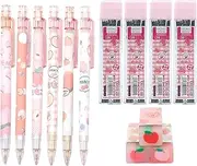 Kawaii Mechanical Pencil Set, 6 Juice Peach Automatic Mechanical Pencils with 4 Tube HB Pencil Refills,3 Cute Juice Peach Erasers for School Supplies Student Writing, Drawing, Sketching, Architecture