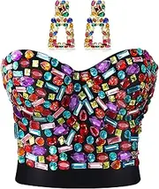 [Hercicy] Rhinestone Push up Bra Clubwear Colorful Beaded Bustier Crop Top Bra Crystal Rectangle Dangle Earrings