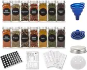 4oz, 14 Glass Spice Jars w/2 Types of Preprinted 239 Spice Labels, Square Empty