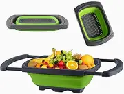 Silicone Collapsible Colander, Over The Sink Colanders Strainers with Extendable Handles,Kitchen Strainer Pasta/Vegetable/Fruit Basket/Dry Dishes,Green