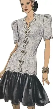 1980s Longline Scallop Jacket Puff Sleeve Flare Skirt Sewing Pattern Vogue 8228
