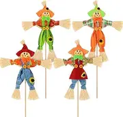 Samantha Pack of 4 Scarecrow Decor, Harvest Bird Scarecrow, Halloween Bird Scarecrow with Bamboo Stick, Decoration for Autumn, Garden, Thanksgiving Party, Home, Outdoor