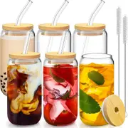 6 Pcs Bamboo Lid Drinking Glasses with Glass Straw - 16 Oz Can Shaped Cups