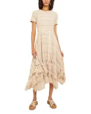 Misook Pointelle Striped Fringed Soft Knit Dress