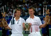 Petr Korda Czech Republic Stefan Edberg of Sweden holding the trop- Old Photo