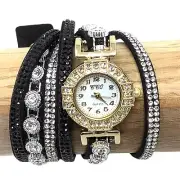 Rhinestone Rim Gold Watch Multi-Strap Both Bracelet & Watch Snap Closure--Black