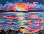 Original Art Hand-Painted On Canvas. Acrylic Painting. Landscape Seascape Sunset