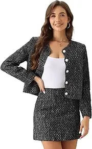 [Allegra K] Tweed Blazer Set for Women's Elegant Work 2 Piece Blazer Skirt Suit