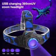 395nm UV LED Headlamp Rechargeable Zoom Ultraviolet Blacklight Head Torch