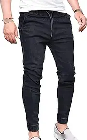 [Generic] Men's Elastic Drawstring Joggers Tapered Leg Jeans Drop Crotch Regular Jean Slim Comfort Casual Athletic Pant, Black, Small