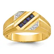 14k Yellow Gold Men's Created Sapphire and Diamond Satin Complete Ring