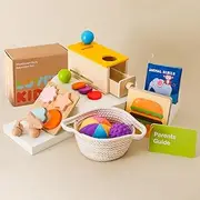 Montessori Toys for Babies 6-12 Months 6 in 1 Learning Educational Toy Set Wooden Toys Play Kit Includes Object Permanence Box, Touch & Match Board, Sensory Ball & Treasure Basket, Soft Baby Book
