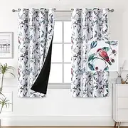 PrinceDeco 100% Blackout Curtains 160 CM Length 2 Panels Set Printed Drapes Thermal Insulated Curtains for Bedroom with Black Liner Sound Proof Curtains, Wild Berry and Bird