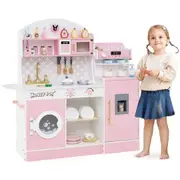 Costway Mini Pretend Wooden Kitchen Playset w/Dish Rack & Washing Machine Toy Kitchen Play Set Pink