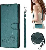 [HAOFUGUI] Compatible with Samsung Galaxy A70 / A70S Wallet Case, with [RFID Blocking] Card Slots Strap Kickstand Leather Case, Cute Cat Flip Cover for Women Girls-Green